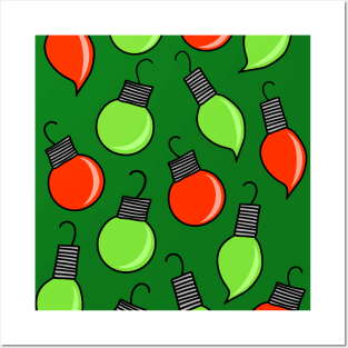 Red and Green Christmas Ornaments Cartoon Pattern on a Dark Green Backdrop, made by EndlessEmporium Posters and Art